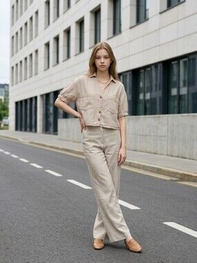 Zara Beige Cropped Button-Front Linen Blouse Size S